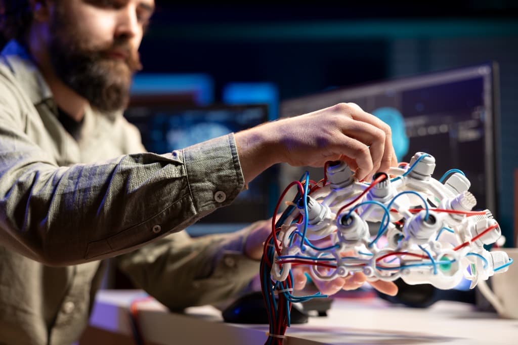 Engineer working on a complex brain-like hardware device