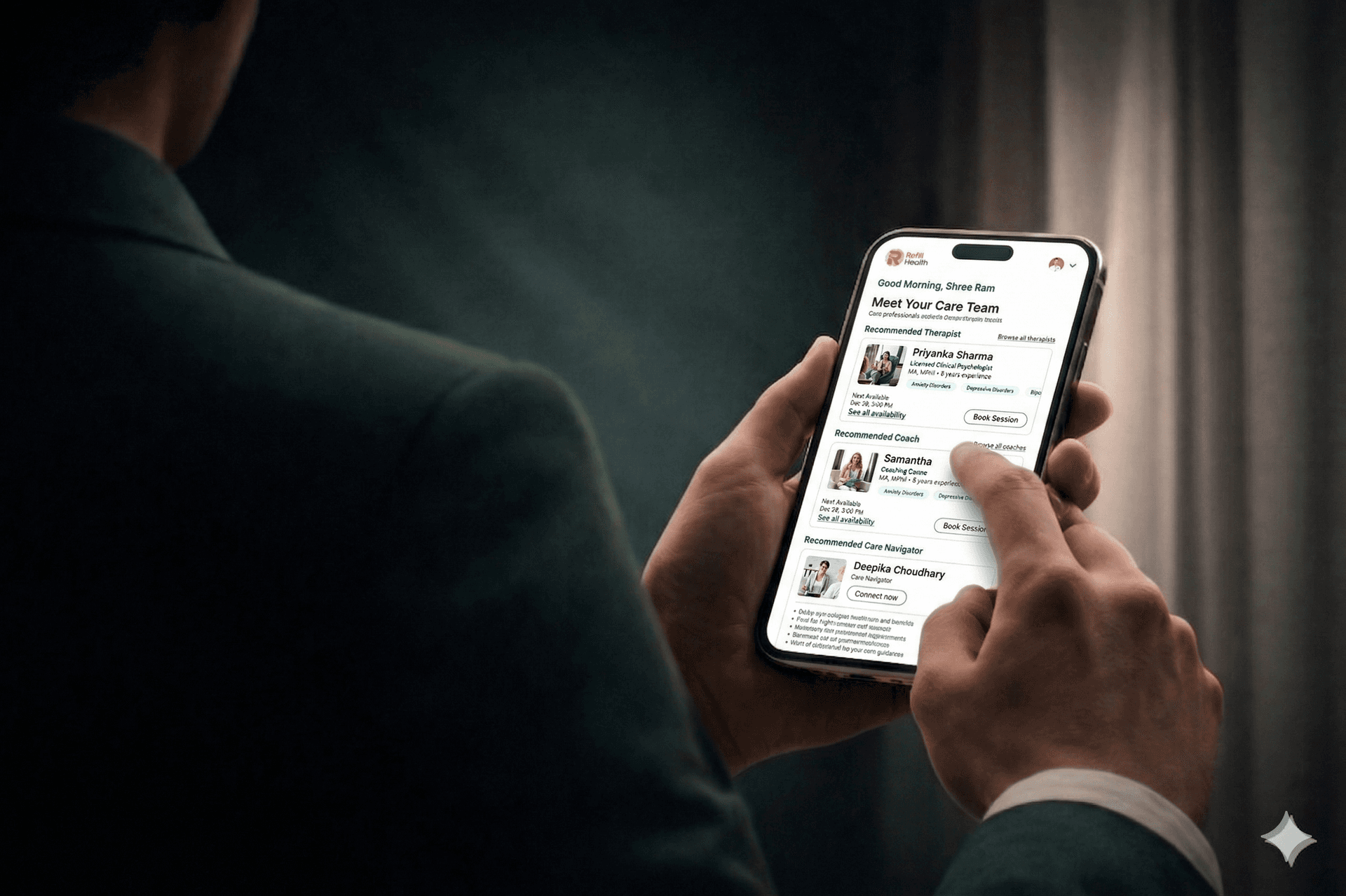 Person using the Refill Health app to connect with therapists and care navigators